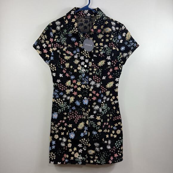 Storia New Black Floral Tapestry Mini Dress Medium Full Snap Dark Floral Retro - Picture 11 of 13
